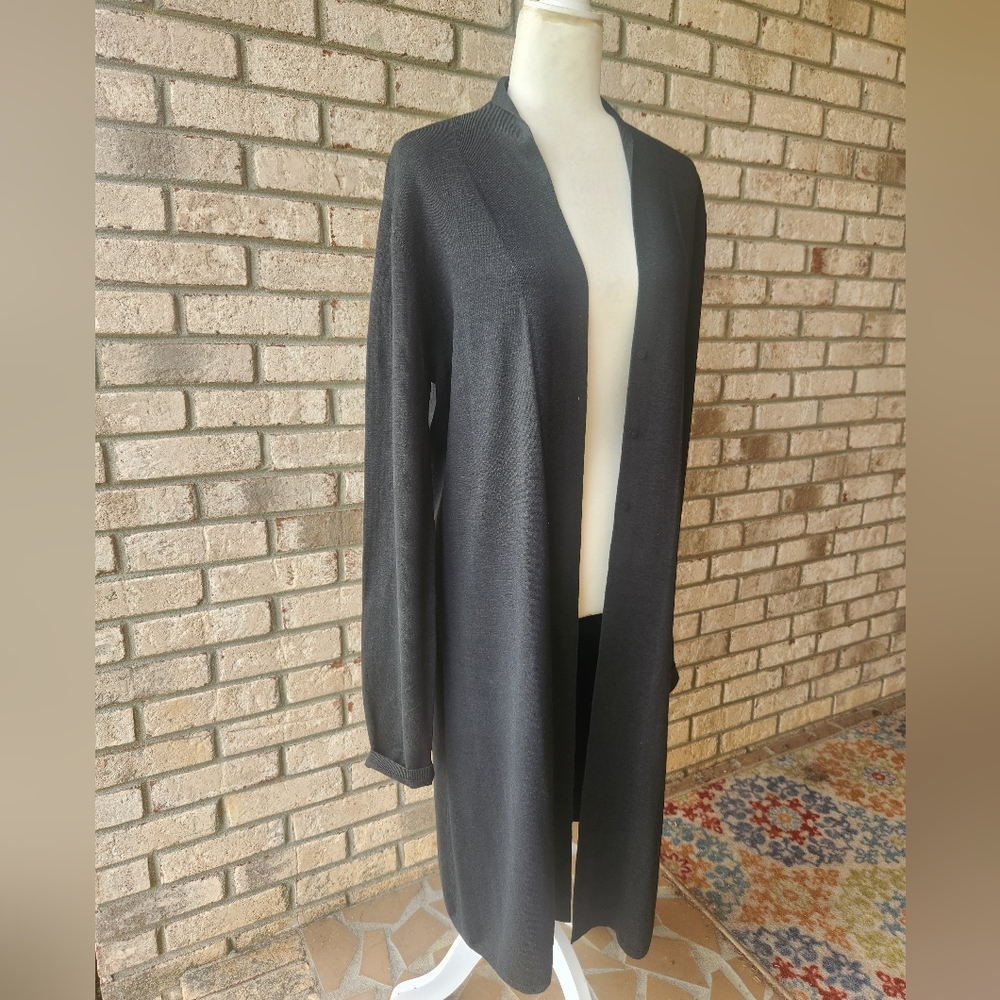 Eileen Fisher black long 3 button silk blend cardigan M - Picture 2 of 16